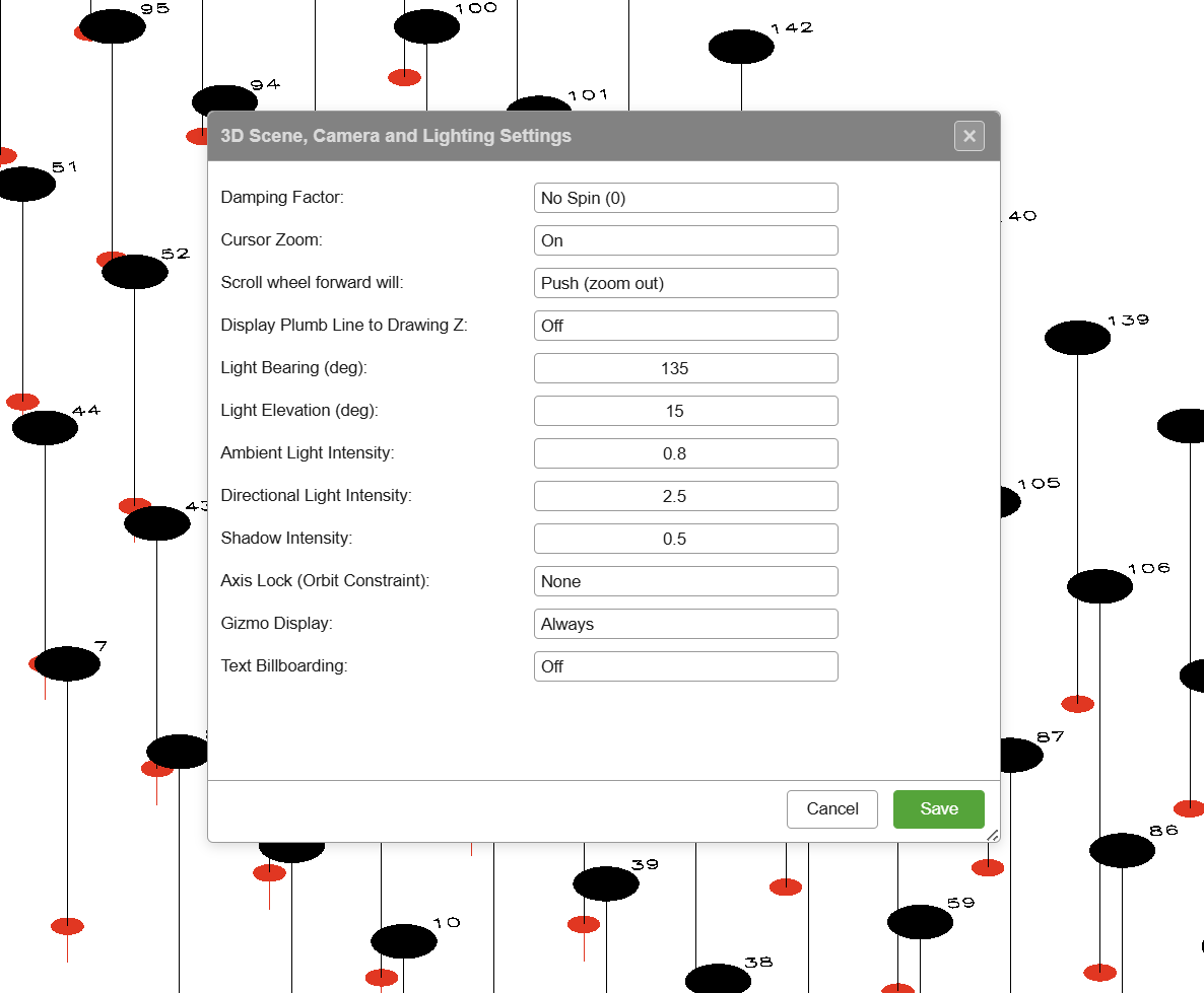 3D Scene, Camera and Lighting Settings dialog