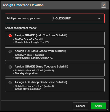 Assign Grade/Toe Elevation dialog