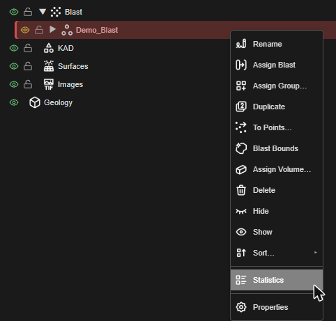 Right-click menu on a blast, with Statistics above Properties