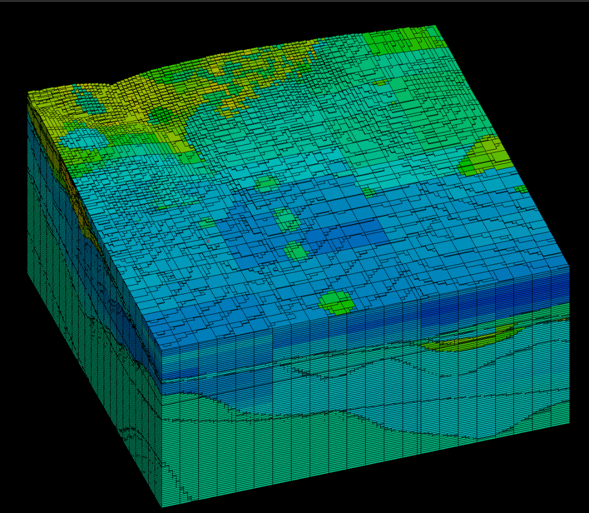A Vulcan block model coloured by DENSITY, sub-blocked along the geological contacts
