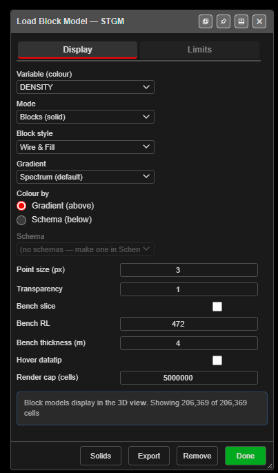 Load Block Model — Display tab, coloured by DENSITY