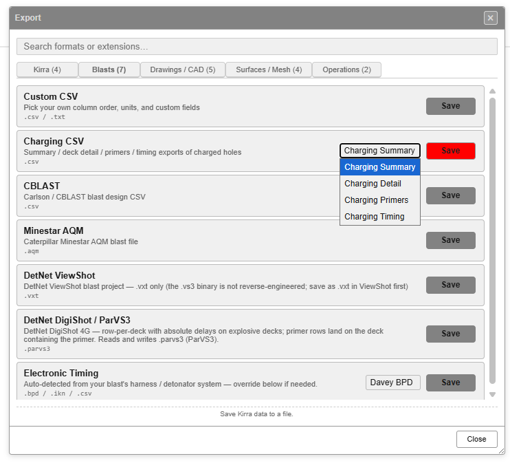 Export dialog — Blasts tab with Charging CSV dropdown