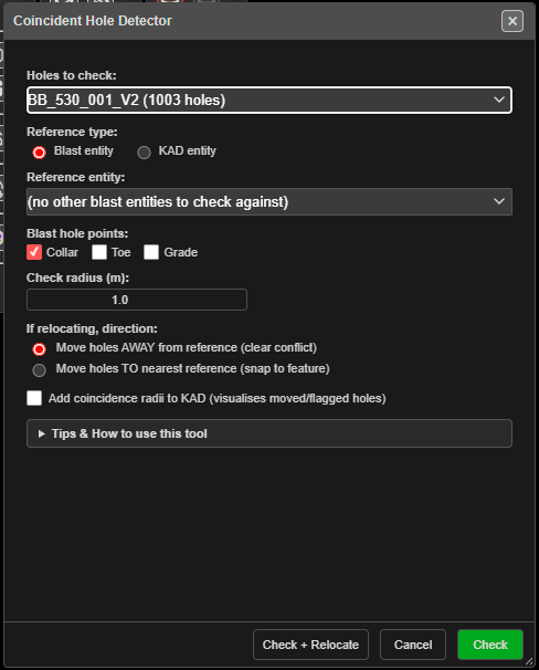 Coincident Hole Detector dialog