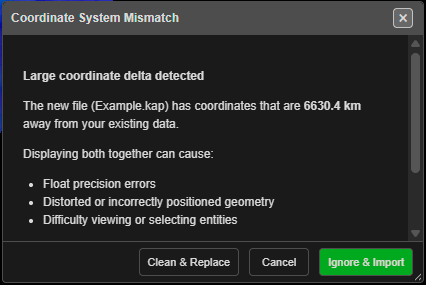 Coordinate System Mismatch — the new file is 6,630 km from the data already loaded