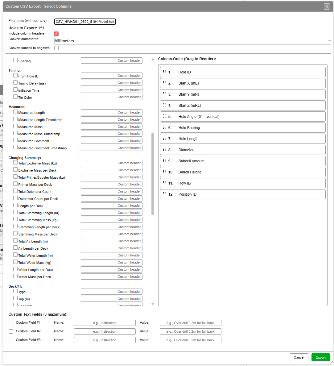 Custom CSV Export — page 2 (Timing, Measured, Charging Summary)