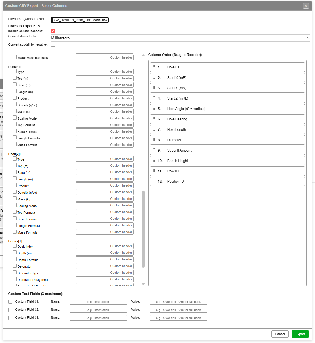 Custom CSV Export — page 3 (Deck[1] / Deck[2])