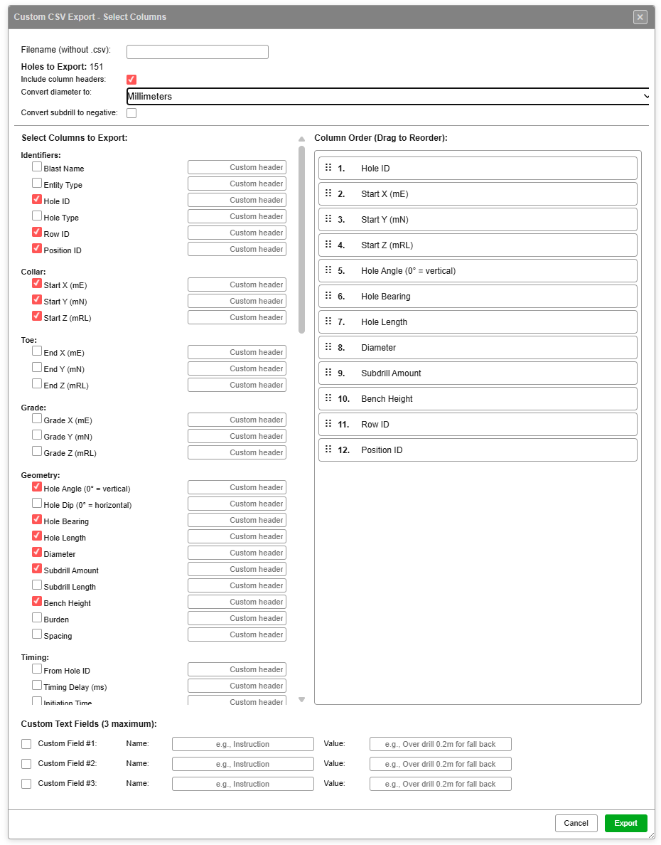 Custom CSV Export — Select Columns dialog