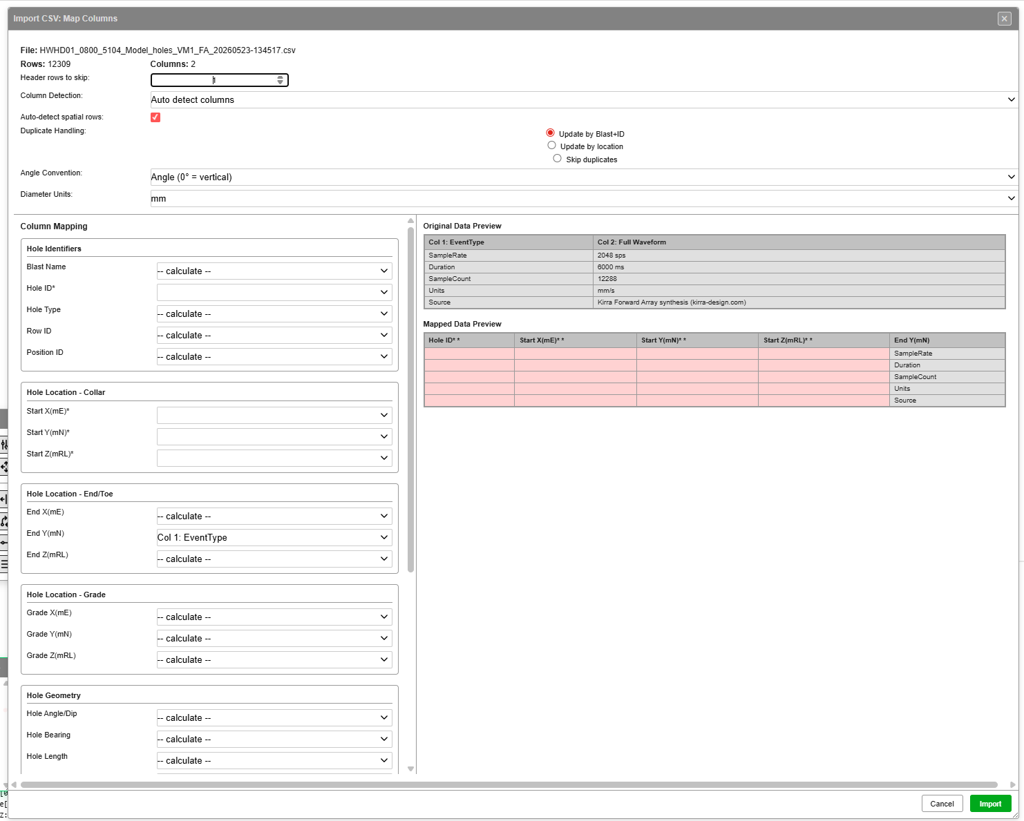 Custom CSV Import — Map Columns dialog