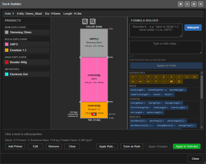 Deck Builder showing a charged hole