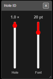 Hole ID quick-adjust popover with Hole and Font sliders