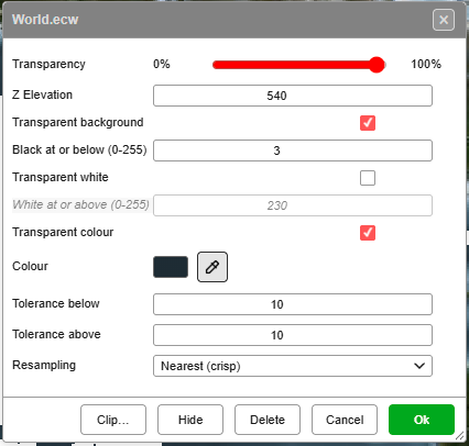 Image menu for an ECW: Transparent background, Transparent white, Transparent colour with its Colour well and eyedropper, Tolerance below and above, and Resampling