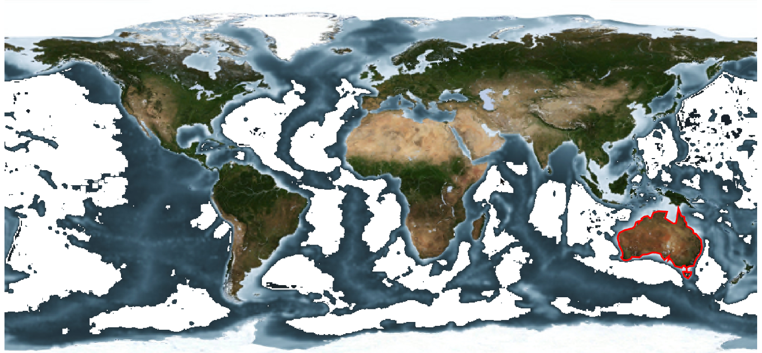 World image with the deep ocean made see-through by a transparent colour
