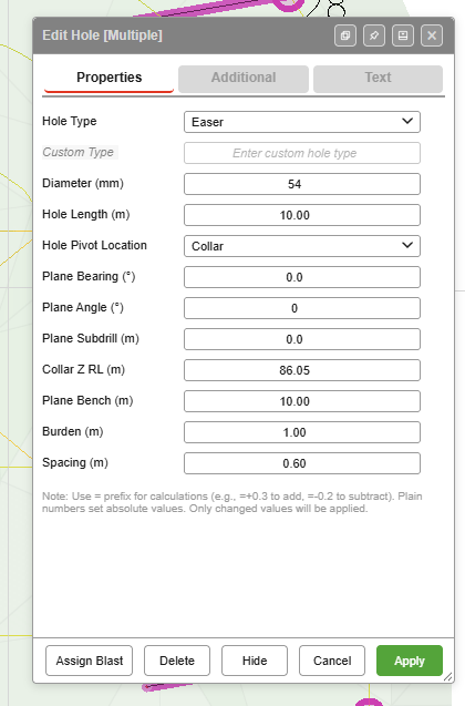 Edit Hole Properties for face holes, showing Plane Bearing, Plane Angle, Plane Subdrill and Plane Bench