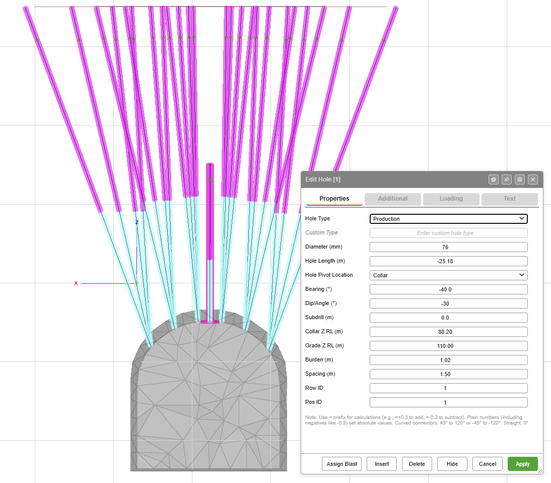 Edit Hole for an uphole ring hole: Hole Length -25.18, Bearing -40, Dip/Angle -30, Grade Z RL 110