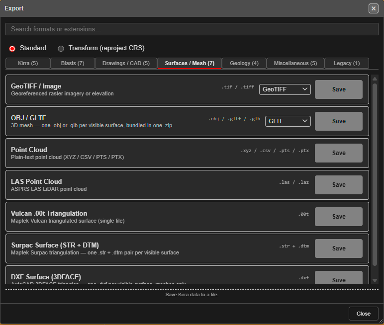 Export dialog, Surfaces / Mesh tab, with GLTF chosen on the OBJ / GLTF row