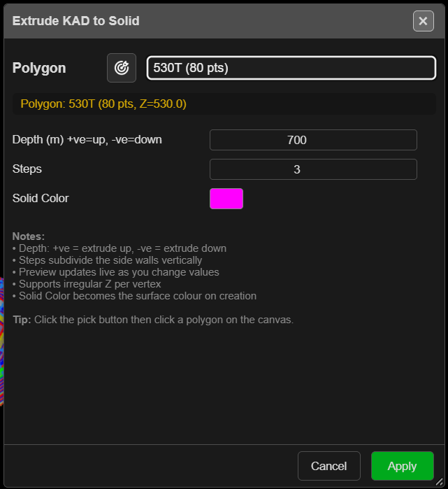 Extrude KAD to Solid dialog