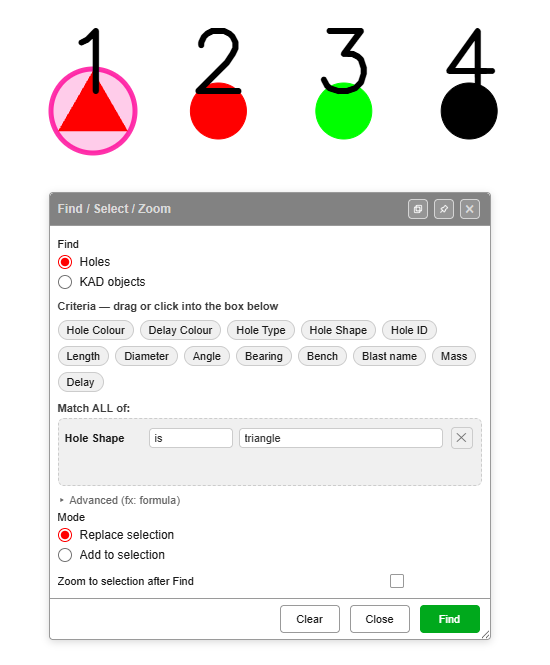 Find / Select / Zoom finding every triangle-shaped hole