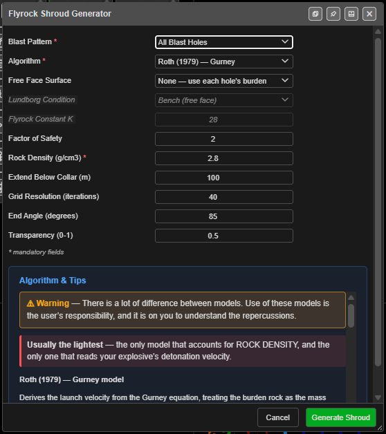 Flyrock Shroud Generator dialog