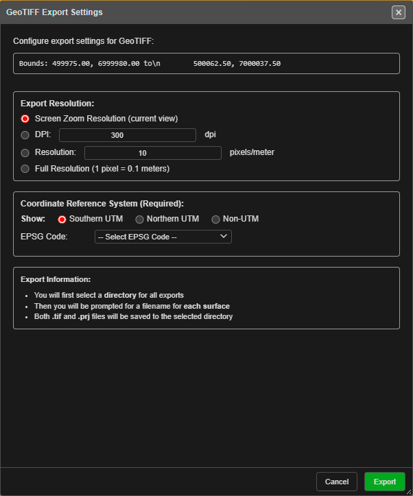 GeoTIFF Export Settings dialog