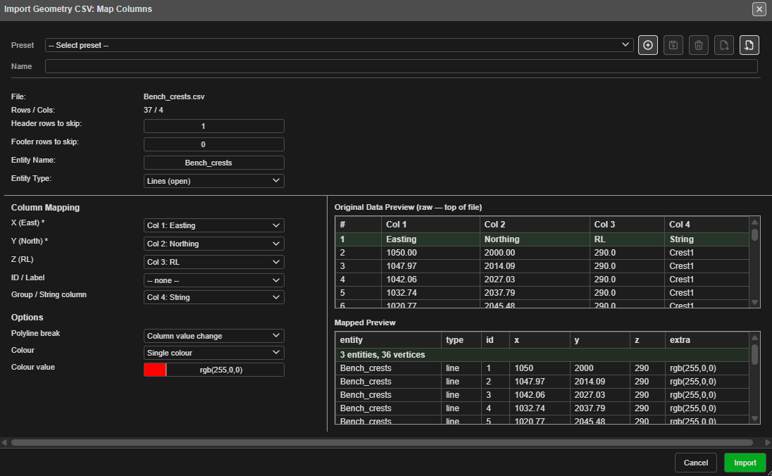 Import Geometry CSV: Map Columns — three crest strings read as lines