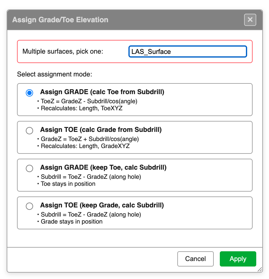 Assign Grade/Toe Elevation dialog