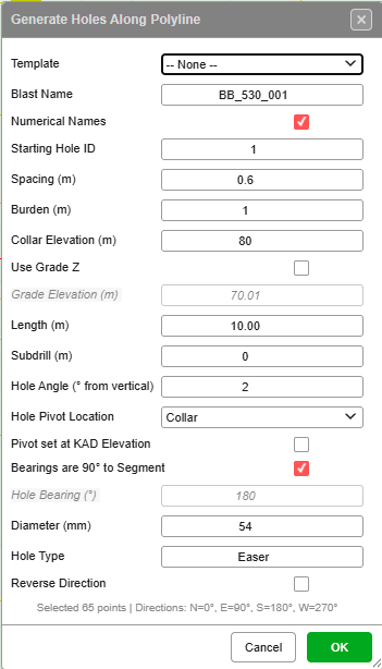 The Generate Holes Along Polyline dialog filled in for perimeter holes on a face
