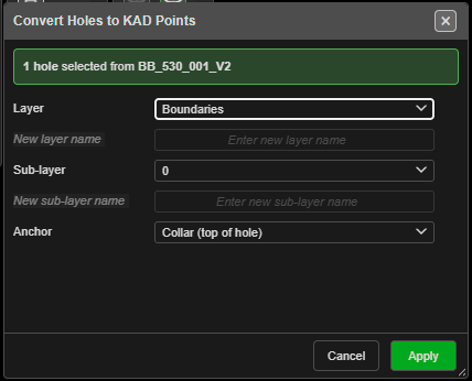 Convert Holes to KAD Points dialog