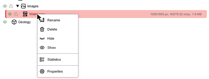 Right-click menu on World.ecw in the Data Explorer, with Statistics above Properties