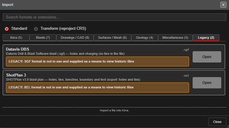 Import dialog — Legacy tab