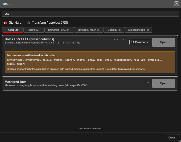 Searching for "csv" — every tab with a CSV format stays, with its count of matches
