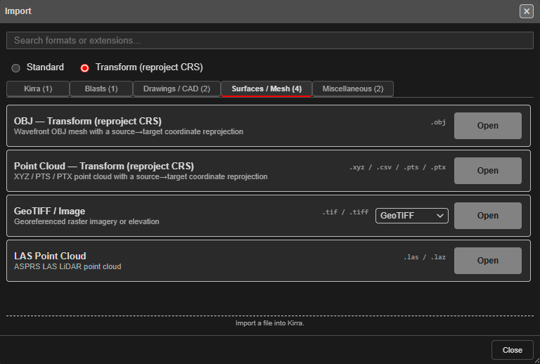 Import dialog — Transform view, Surfaces / Mesh tab