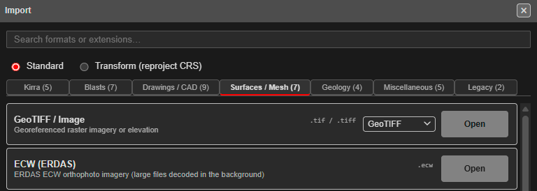 Import dialog, Surfaces / Mesh tab, with the ECW (ERDAS) row under GeoTIFF / Image