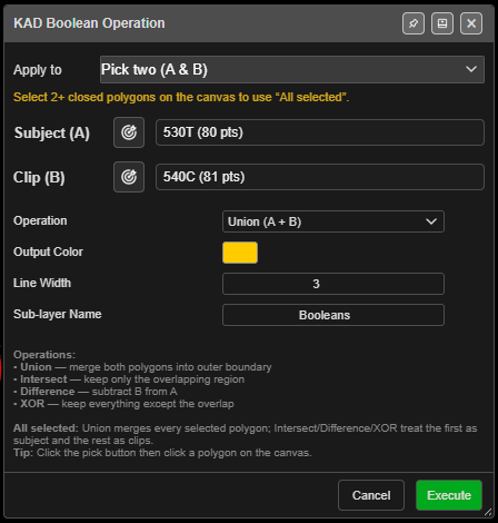 KAD Boolean Operation dialog