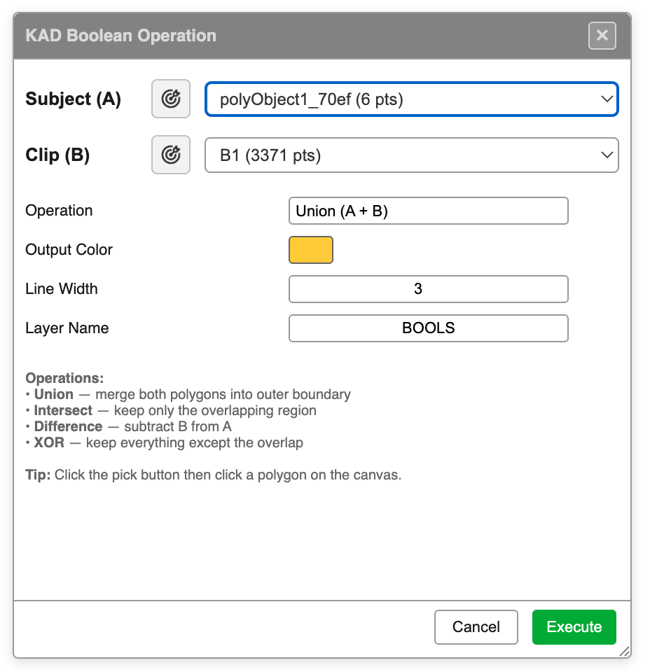 KAD Boolean Operation dialog