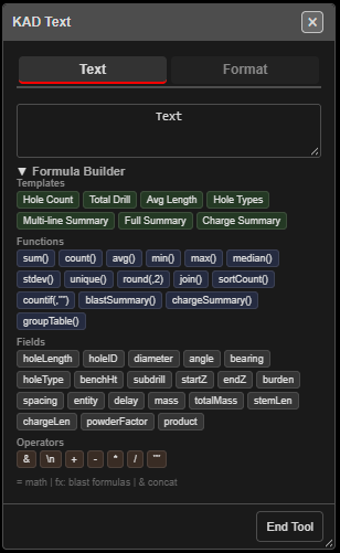 KAD Text — Text tab with the Formula Builder open