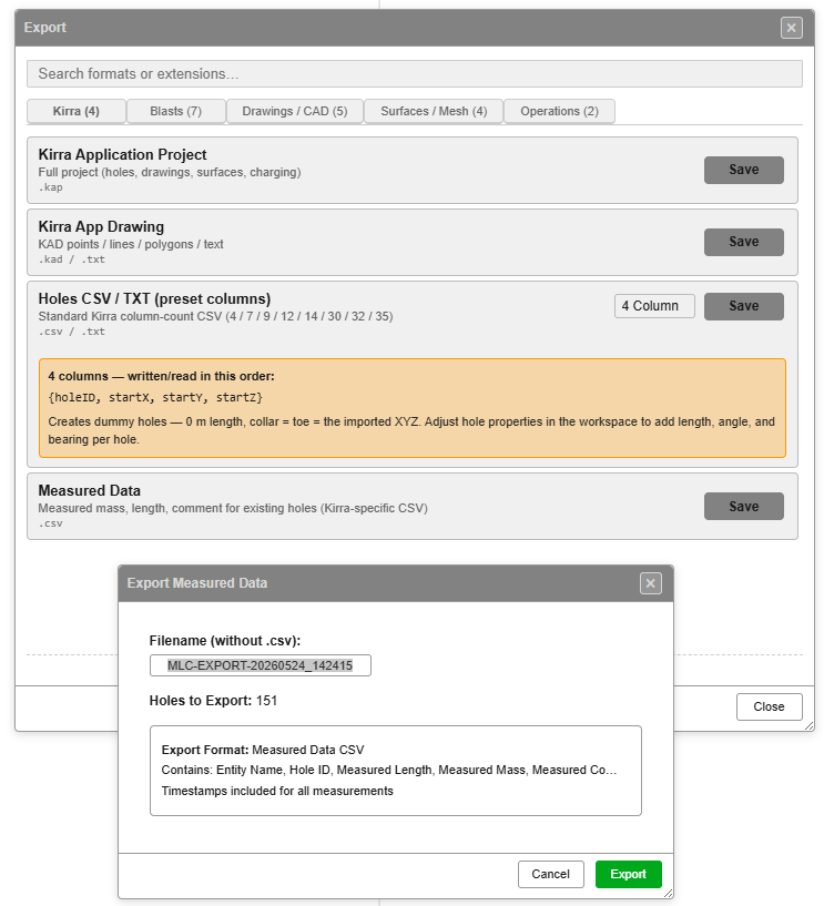 Export dialog — Kirra tab