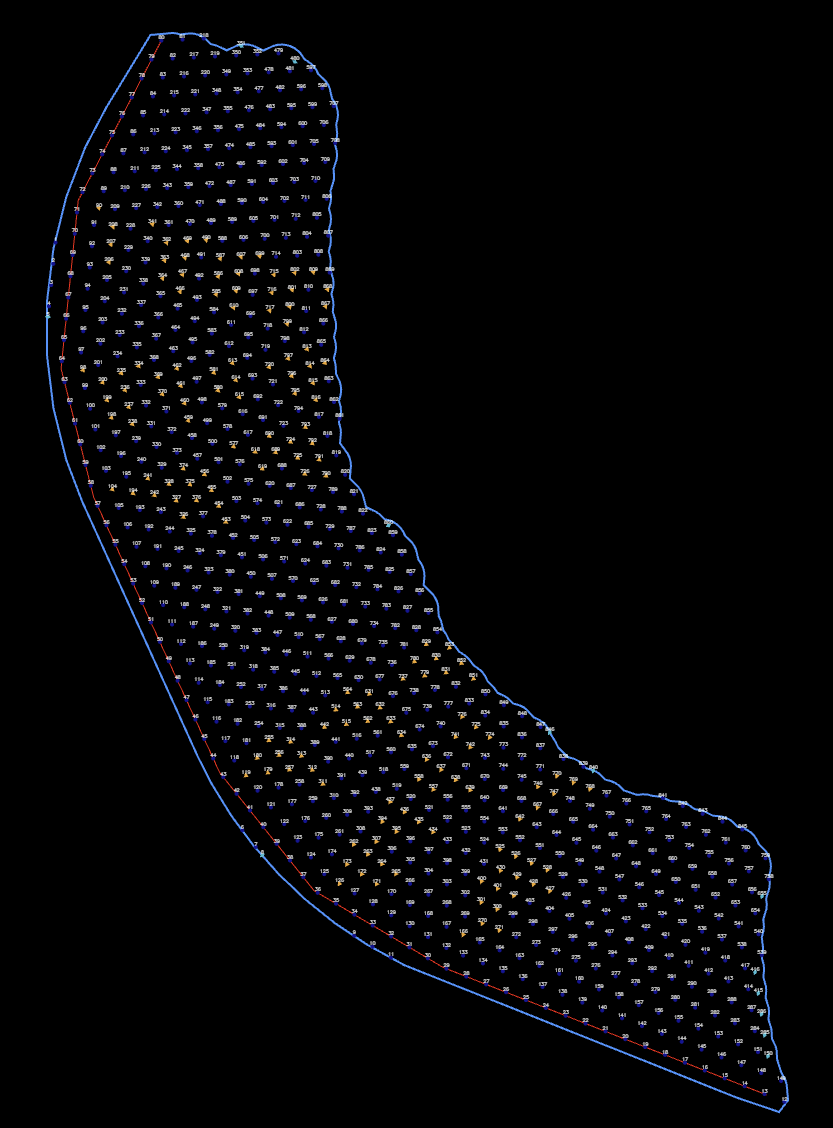 Along Polyline pattern — rows follow the red reference line round the bend