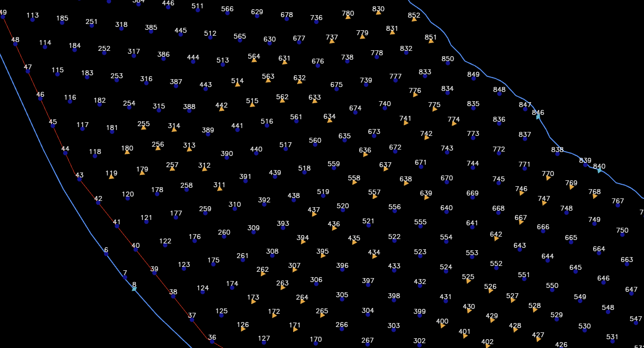Marked holes — amber triangles were inserted by the spacing range, cyan diamonds are extra row-end holes