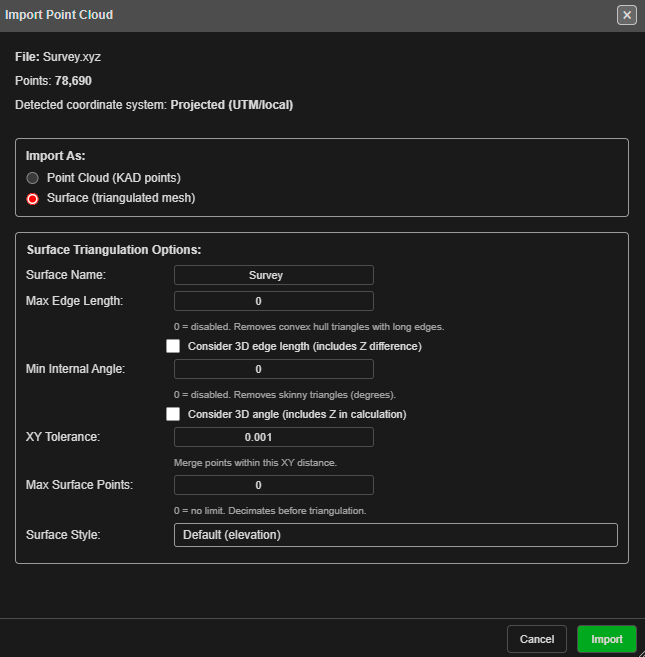 Import Point Cloud — Surface chosen, with the triangulation options