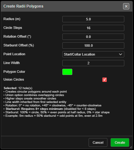 Create Radii Polygons dialog