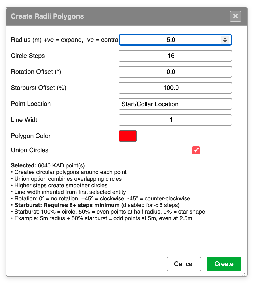 Create Radii Polygons dialog