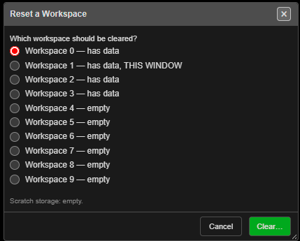 Reset a Workspace dialog listing workspaces 0 to 9