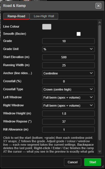 Road & Ramp dialog, Ramp-Road tab