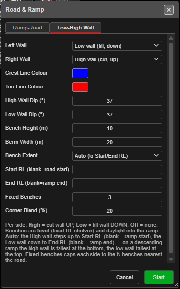 Road & Ramp dialog, Low-High Wall tab