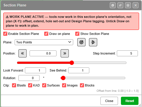 The Section Plane dialog with Draw on plane ticked and the WORK PLANE ACTIVE warning