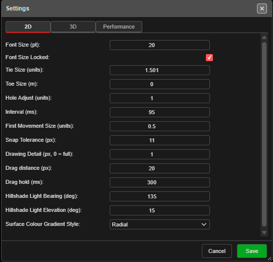 Settings — 2D tab