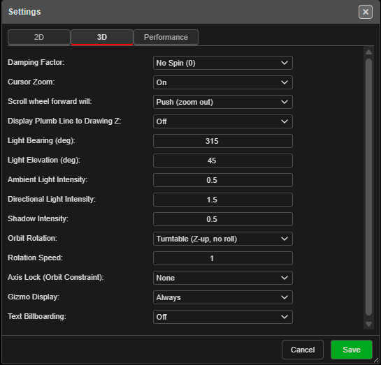 Settings — 3D tab