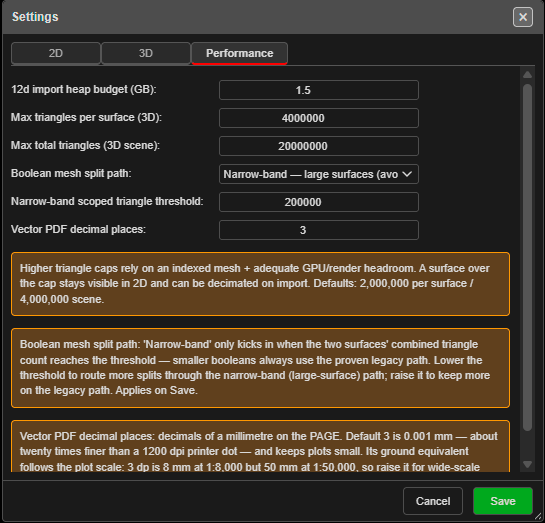 Settings — Performance tab