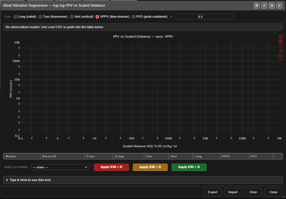 Blast Vibration Regression dialog