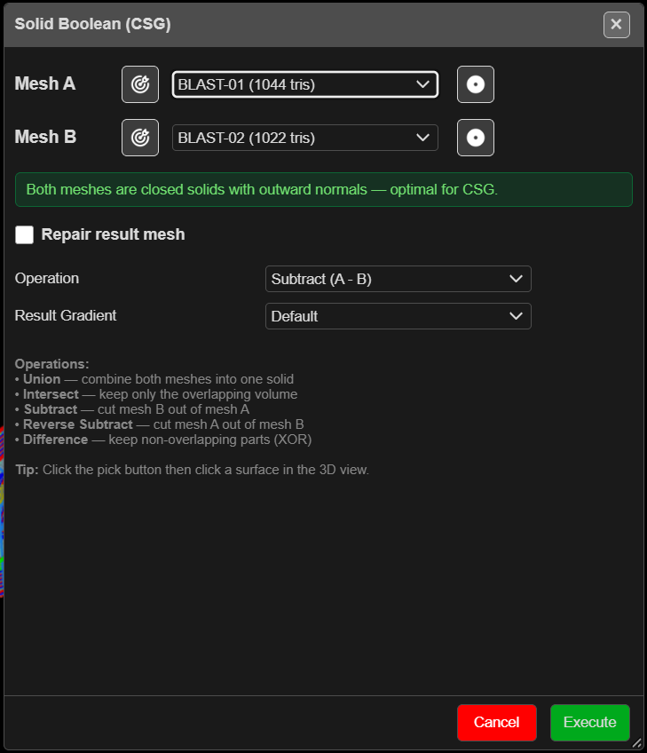 Solid Boolean (CSG) dialog, with the green status for two closed solids